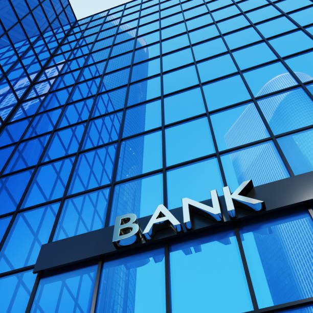 Bank sign on a modern glass building. 3D render illustration.