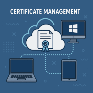 Illustration showing a centralized dashboard managing digital certificates on Linux, Windows, and macOS devices using PKI automation.
