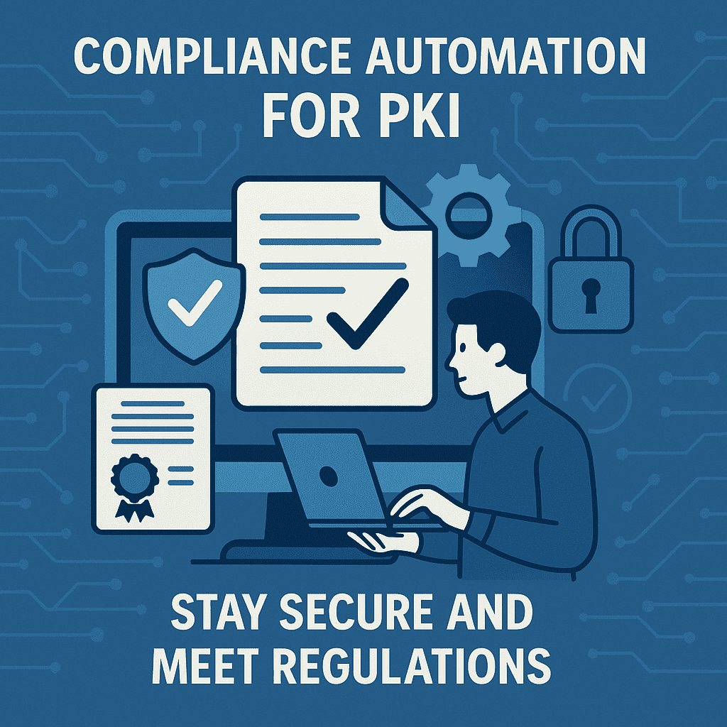 Image May 27, 2025, 11_30_05 AM Compliance automation for PKI illustrated with a person on a laptop, checkmark document, security icons like lock and shield, and text stating 'Stay Secure and Meet Regulations'