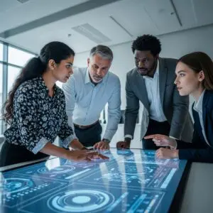 A diverse group of IT professionals, compliance officers, and risk managers collaborating around a digital screen in a modern office.