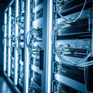 Server room with active racks and blue lights.