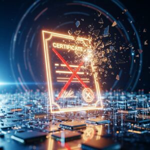A digital certificate shattering, with a red 'X' over it, against a background of circuit boards.