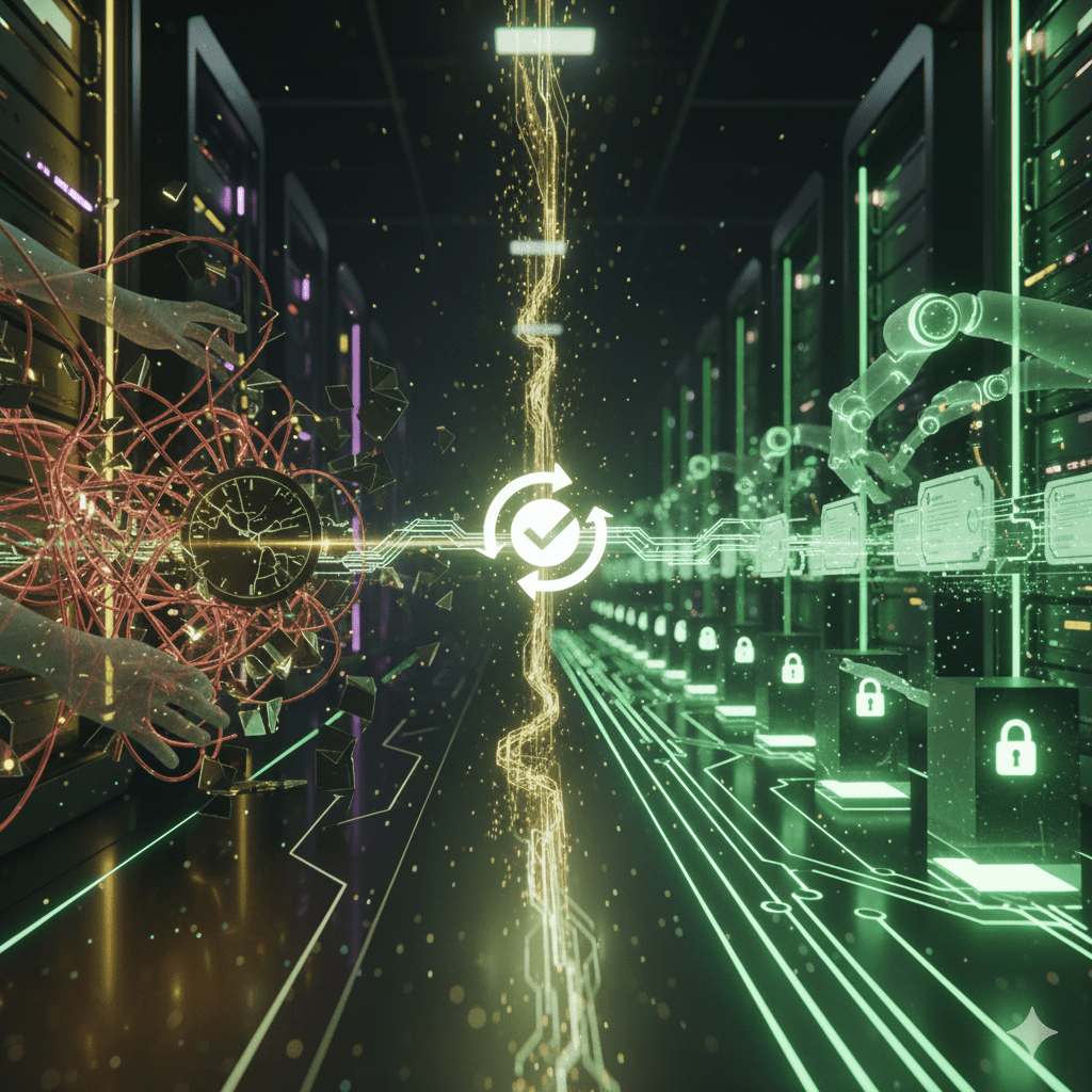 A high-end architectural visualization of a digital lifecycle loop, showing certificates moving through automated stages of issuance, renewal, and security enforcement within a sleek, modern IT infrastructure.
