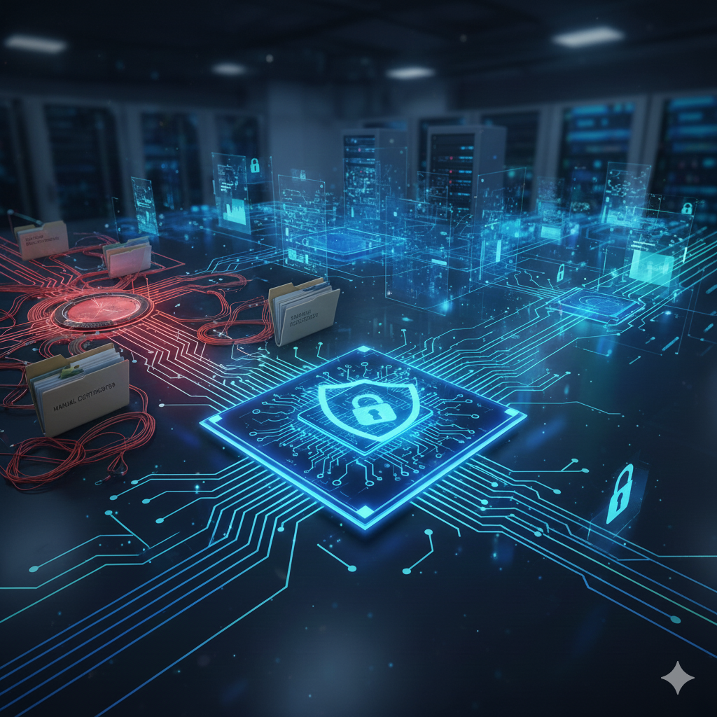 A futuristic data center visualization showing automated PKI certificate management protecting enterprise servers with glowing blue digital shields and circuit patterns.