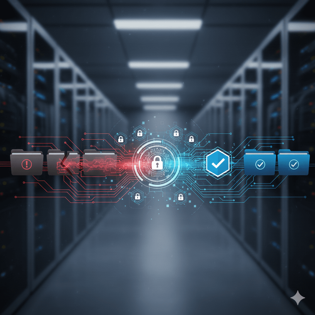 A high-tech data center visualization showing a glowing digital shield and circuit patterns representing automated PKI management and system uptime.