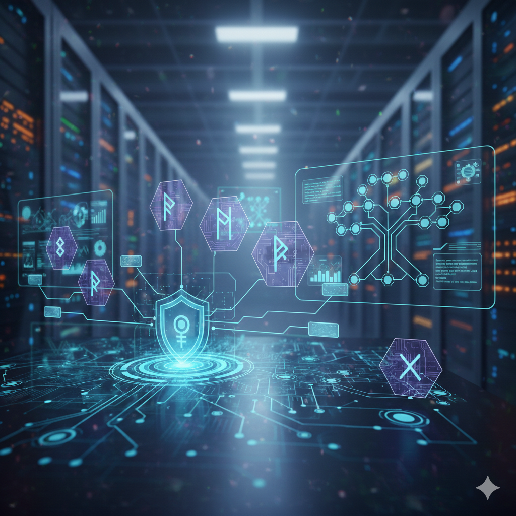 A futuristic cybersecurity interface in a server room featuring a central shield icon and the text "PKI Security Standards" at the top. The design includes glowing blue nodes and digital icons representing encrypted data and network security.