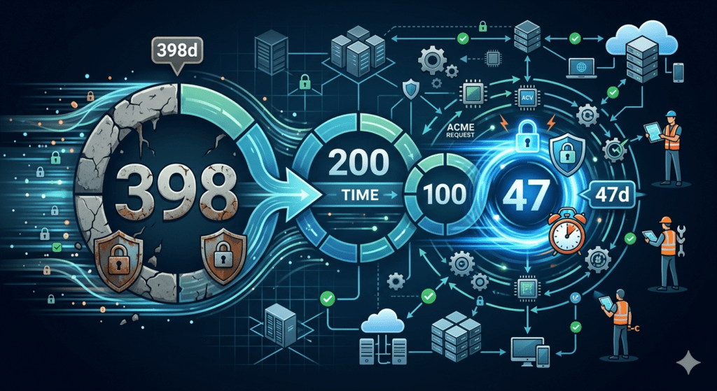 Infographic showing the TLS certificate lifecycle accelerating from a 398-day cycle to a 47-day certificate expiration time.