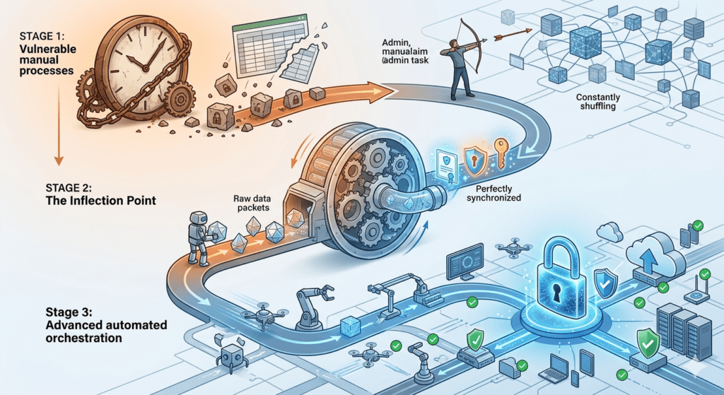 Infographic showing the three-stage transition from manual PKI tasks to cryptographic automation and full certificate lifecycle maturity.