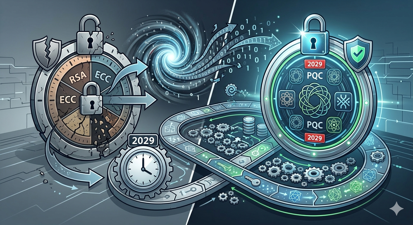 Infographic showing the transition from legacy encryption to quantum readiness 2029 through automated crypto-agility.