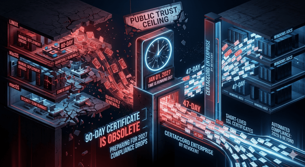 An isometric server diagram contrasting the crumbling infrastructure of a manual 90-day TLS certificate setup against the streamlined, automated compliance of short-lived SSL certificates under CertAccord Enterprise.