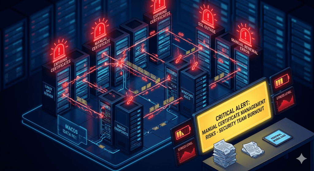 An isometric server rack diagram showing glowing red alerts for manual certificate management risks and security team burnout.